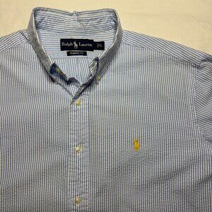 Ralph Lauren Polo Mens Seersucker Button Down Large Blue White Stripe Shirt
